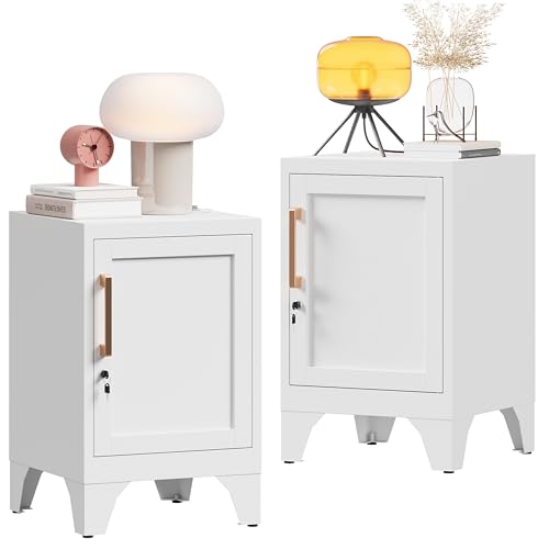 Image of 23.6 inch H Metal Locker Nightstand Set of 2,White Locking Night Stand with Door and Adjustable Shelf, Small Locker Cabinet with Detachable Legs for Home Office,Living Room or Bedroom,Easy Assembly