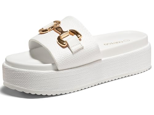 Image of Coutgo Womens Platform Sandals Raffia Espadrilles Metal Chain Slip on Open Toe Cute Beach Slide Sandals