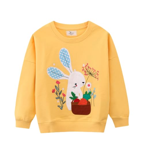 Baby Girls Rabbit Print Flower Embroidery Top Round Neck Long Sleeve Base Shirt Autumn Loose Pullover (Yellow,130/5-6Y,Unisex,Big Kid,US,Age,5 Years,6 Years)