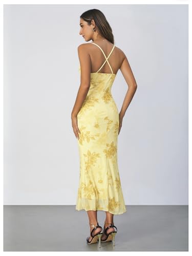 Image of SOLY HUX Women's Floral Mesh Bodycon Cami Dress Cowl Neck Sleeveless Cocktail Party Wedding Guest Long Maxi Dresses