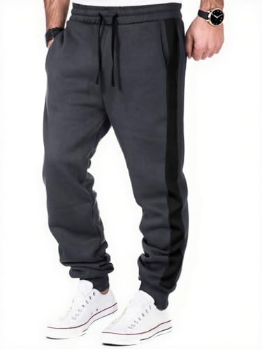 HMIYA Jogginghose Herren Baumwolle Trainingshose Lang Sporthose Klassische Freizeithose Sweathose mit Taschen und Seitenstreifen(Dunkelgrau XL)