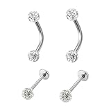 MIRKUZI Piercings de labret, Juego de 4 piezas: piercing para ceja, piercing para ombligo, piercing para nariz, barra en forma de plátano, barra en T, 6 mm/8 mm (plata)