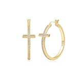LOUMILEO Pendientes de aro de plata de ley para mujer, hipoalergénicos, chapados en oro de 14 quilates, aretes de aro con diamantes de imitación para Momen, aretes de cruz de plata ligera con