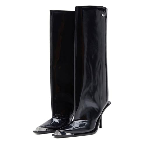 Goolita Women's Wide Calf Knee High Boots Metal Pointed Toe Stiletto Heel Sexy Slip On Dress Tall Boots