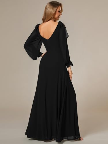Image of Ever-Pretty Women's Fall Winter Formal Wedding Guest Dress Long Sleeve V Neck Chiffon Floor Length Bridesmaid Dresses 80116