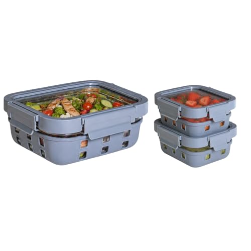 Image of Griplok Glass Lunch Box with Leakproof Lid, Borosilicate Food Storage Container with Silicone Sleeve, Airtight, Microwave /Dishwasher Safe (Glacier Blue, 2x370ml + 1x1050ml)