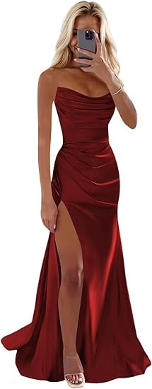 JIIL Ballkleider,Damen Elegant Abendkleider Mit Schlitz Lange Satin Brautjungfernkleid A-Linie Sexy Ballkleid Festlich Kleider Weinrot 32