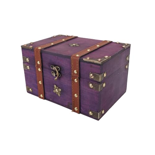 Vintage Treasure Chest Box, Wooden Jewelry Storage Box with Leather & Metal Accents, Decorative Retro Trunk for Home Bedroom Gifts (8.54x5.91x5.12in) (Purple)