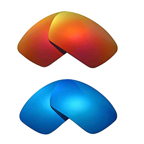 Walleva Two Pairs Polarized Replacement Lenses for Oakley Badman (OO6020 Series) Sunglasses - Fire Red + Ice Blue