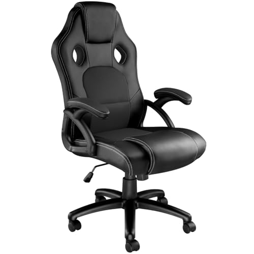 TecTake® Silla Gamer Ergonómica, Ajuste de Altura, Silla de Escritorio de Oficina, Silla de Estudio con Acolchado Cómodo, Sillas con Reposabrazos y Ruedas, Sillas Gaming para Ordenador - Negro/Negro