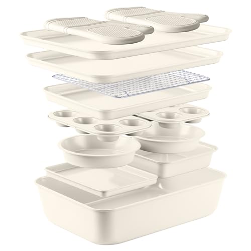 Country Kitchen Nonstick Stackable Bakeware Set – Durable, Easy Release Baking Set, Cream, 13 Pcs