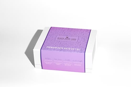 Black Sand Labs Juego de regalo de sales de baño para ella – Mar Muerto, rosa del Himalaya y mezcla de sal de Epsom (juego de regalo, 4 x 100 g, aroma floral, eucalipto lavanda, terraza de verano,