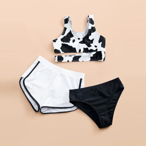 Teen Girls 3 Piece Swimsuit Cow Print Bikini Set with Shorts Cute Bathing Suits Summer Beach Tankini Sports Swimwear2