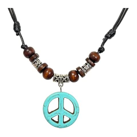 Nove Jewelry Leather Peace Sign Necklace - Peace Symbol Necklace - Stone Peace Sign Pendant - Adjustable Black Cord (Blue) Cover