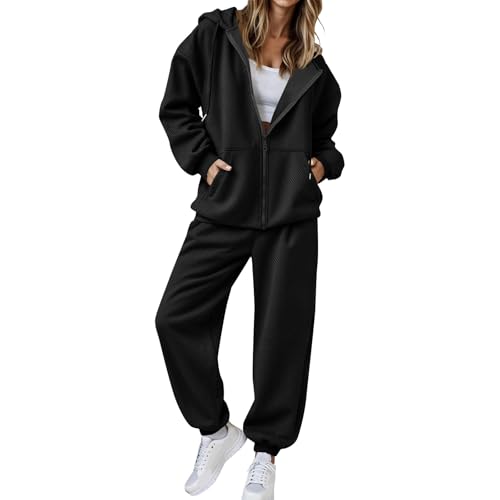 HGps8w Women's 2 Piece Outfits Basic Solid Full Zip Loose Hooded Sweatshirts and Joggers Sweatpants Workout Tracksuit Sets