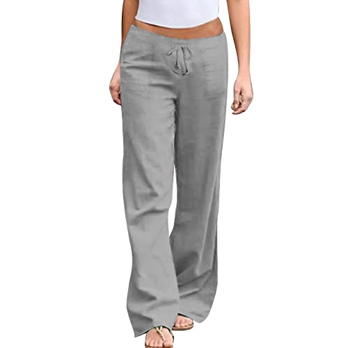 Pantalones de mujer de pierna ancha 2023 Moda Casual Elástico Pantalones de lino de cintura alta Pantalones Palazzo Sueltos Pantalones Sólidos Trabajo Pantalones Largos, 01-gris, XL