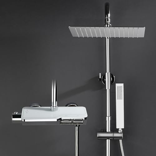 Görbach Colonne de Douche avec Mitigeur Thermostatique, Acier inoxydable Système de Douche avec Robinetterie, Pommeau de Douche, Douchette à Main, Barre de Douche Chromée (Carrée 2525CP)