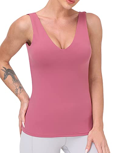 Image of Workout Tops for Women Yoga Tank Tops with Built in Bra Wirefree Padded Yoga Bras Gym Running Athletic Shirt V-Neck Camisole