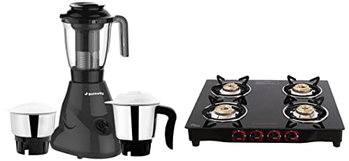 Butterfly Smart Glass 4 Burner Gas Stove, Black, Manual & Hero Plus Mixer Grinder 550 W, Grey, Small