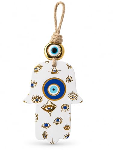 Image of Handcrafted Evil Eye Hamsa Hanging for Home Entrance Decor | Turkish Nazar Protection Wall Hanging | Ceramic Hand of Fatima Ornament with Jute Rope | Housewarming Gift for Home & Office