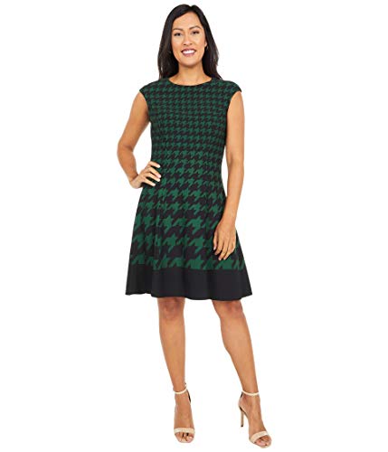 London Times Women s Houndstooth Print Extended Cap Sleeve fit and Flare Dress, Black Green, 16