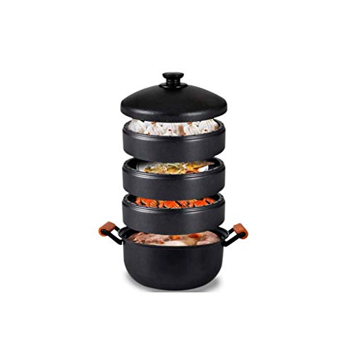Vaporizador de hierro fundido con tapa sellada y mango para cocinar al vapor superior y cocinar en la parte inferior, esencial para tareas de cocina versátiles