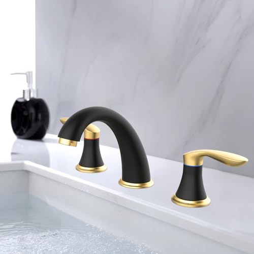 Bathroom Sink Faucet, Faucet for Bathroom Sink, Widespread Black and Gold Bathroom Faucet 3 Hole with Stainless Steel Pop Up Drain and cUPC Lead-Free Hose - (Black and Gold)