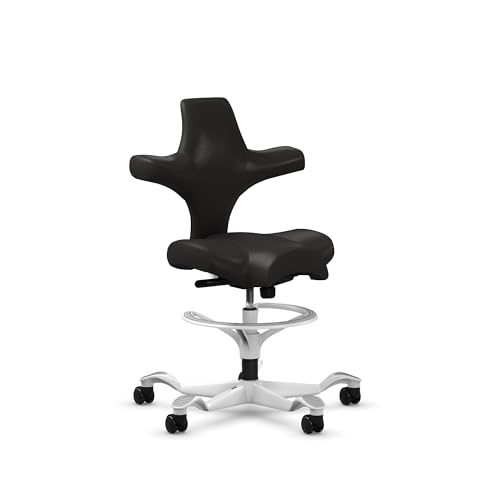 Image of HAG Capisco Sit to Stand Chair-White Frame-Upholstered Black Onyx Vinyl-with Foot Ring