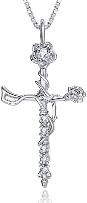 Gold Cross Necklace for Women,Rose Necklace Anniversary Birthday Gifts for Wife Her Mom,14K Gold/18K White Gold Womens Christian Jewelry with Diamond Birthstone Pendant Necklaces