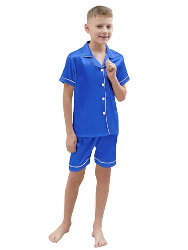 Kids Satin Pajamas Set, 2 Pieces Silk Button Down Shorts Sleepwear Outfit, Royal Blue, 4-5T = Tag 1202
