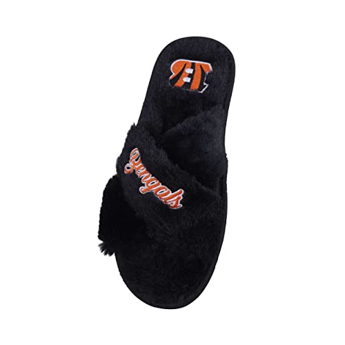 Image of FOCO Womens NFL Team Script Wordmark Fuzzy Cross Slide Slippers