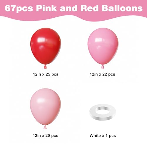 Image of Red and Pink Balloons, Valentines Balloons, 67pcs 12 Inch Pink and Red Balloon for Birthday, Valentines, Anniversary Party Decorations