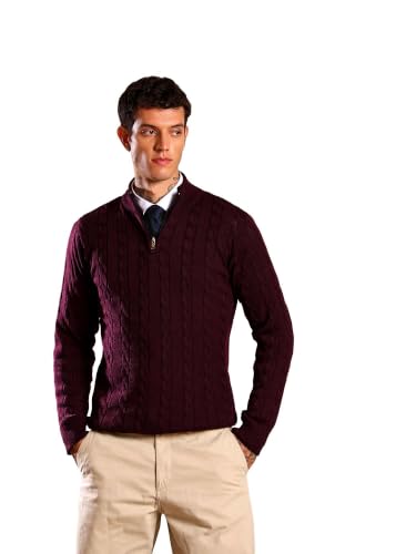Image of Kvetoo Men's Wool High Neck Zipper Sweater, Full Sleeve Cable Knit Quarter Zip Winter Pullover