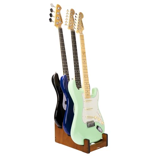 Image of STRICH Wooden Guitar Stand for Multiple Guitars, 3-Holder, Front Display Space-Saving Floor Guitar Rack for Home, Studio, Stage, Mahogany Color, GS-1M (For 3 Electric /Bass)