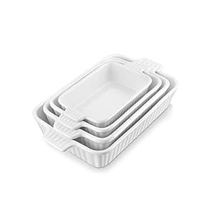 MALACASA Casserole Dishes for Oven, Porcelain Dishes, Ceramic Bakeware Sets of 4, Rectangular Lasagna Pans Deep with Handles for Baking Cake Kitchen, White (9.4″/11.1″/12.2″/14.7″), Series BAKE.BAKE
