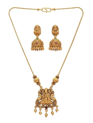 Image of Traditional Gold-Plated Lakshmi Temple Pendant Necklace Set for Women | Antique South Indian Jewelry with Jhumka Earrings | Ethnic Bridal, Wedding & Festive Jewelry Set