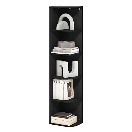 Furinno PASIR Book Shelf, 5-Tier Corner Bookshelf, Open Shelves Bookcase 9.3 x 12 x 51.7, for Living Room, Bedroom, Home Office, Blackwood