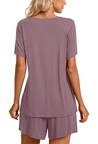 Taohuadao Womens Summer 2 Piece Pajama Sets, Short Sleeve Pleated Tunic Tops With Comfy Shorts, Lounge Sleepwear Ladies Pjs Sets With Pockets 2Xl, Bean Red #TOP3