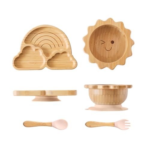 Image of Bamboo Suction Plates Bowls Set for Baby Toddler Divided Platter Food bowl with Silicone Fork & Spoon All-Natural Baby Feeding Set for Baby-Led Weaning, Non-Slip Design
