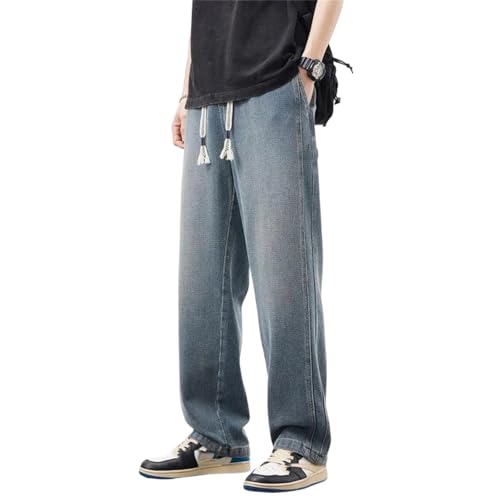 Men's Jeans Loose Straight Denim Pants Comfortable Elastic Waist Drawstring Trousers Casual Wear