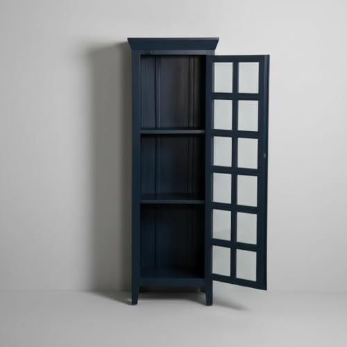 Image of APRODZ Mango Wood Crockery Cabinet with Glass Door | Wooden Kitchen Storage Cabinet for Dining Room Living Room & Bedroom | Tall Storage Cabinet with Shelves | Display Cabinet for Home, Navy Blue