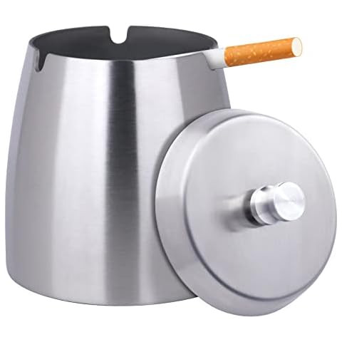 OILP Large Windproof Ashtray for Cigarettes Outdoor Ashtrays for Patio Beautiful Tabletop Smoke Stainless Steel Ashtray for Home/Office(Large,Silver) Cover