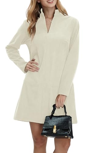 EZAPINE Damen Cordkleid V-Ausschnitt Langarm Casual Vintage Retro A-Linie Minikleider, Beige, XX-Large