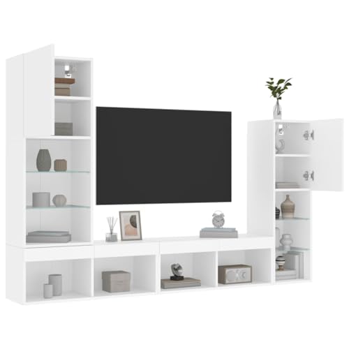 Gecheer 4-TLG.TV Wandschrank Wohnwand Wohnkombi Wohnzimmer Anbauwand Schrankwand Hängeschrank Fernsehwand TV Lowboard Fernsehschrank Mediawand Fernsehtisch Wohnzimmersets TV Möbel,Holzwerkstoff,Glas – Bild 3