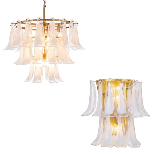 Ljuskrona och vägglampa i guld med handgjort muranoglas, modern hängande ljuskrona i guld och väggmonterad ljus för matsalen Vardagsrum sovrummet