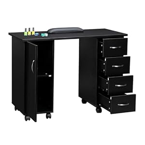 Manicure Table Nail Desk w/Cabinet, 4 Drawers, Wheels & Wrist Rest, Spa Salon Beauty Home Mobile Wooden Technician Workstation Professional Nail Art Equipment for Nail Tech,mesa de uñas,Black