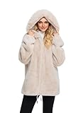 HOOD CREW Womens Winter Fuzzy Jackets Warm Hooded Faux Fur Coats Long Sleeve Shaggy Long Coat Outerwear Apricot M