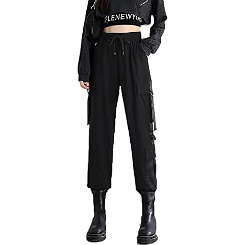 MEINVQIAOTI Black Cargo Pants for Women Street Hip-hop Loose Feet Straight Casual Goth Pants for Women(Black,XS) Cover