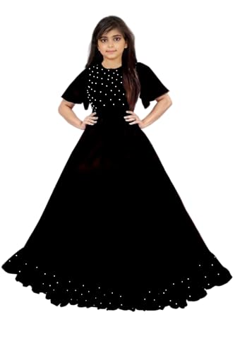 Image of FINAXO FASHION Girls Rayon Solid with Beads Work Half Sleeve Round Neck Ethnic Wear Long Flared Gown | Casual Maxi Fit and Long Flared Dress Gown for Girls