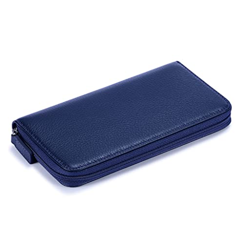 Image of HISCOW Leather Checkbook Cover, Zippered Wallet, Pebbled Blue | Full grain cowhide, 5cc & ID window, personal check book & register pockets, removable duplicate divider, women secure zipper
